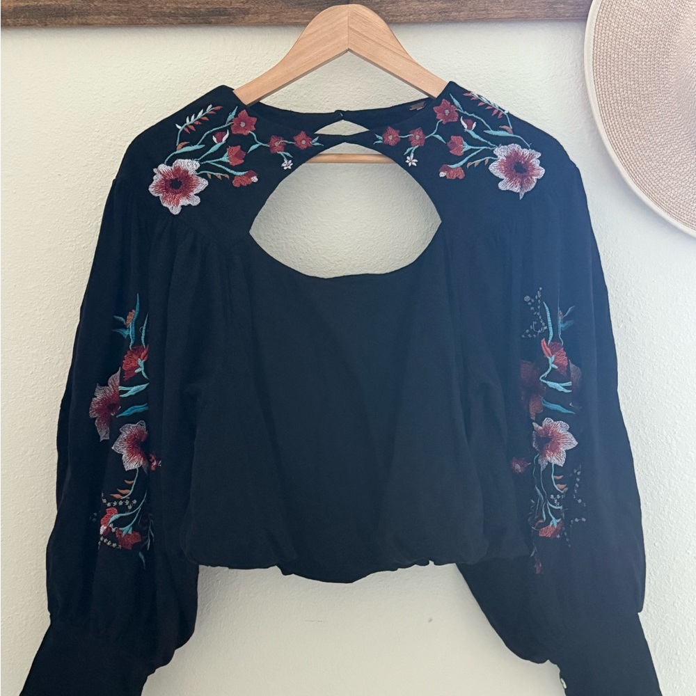 Free People Embroidered Blouse with Balloon Sleeves